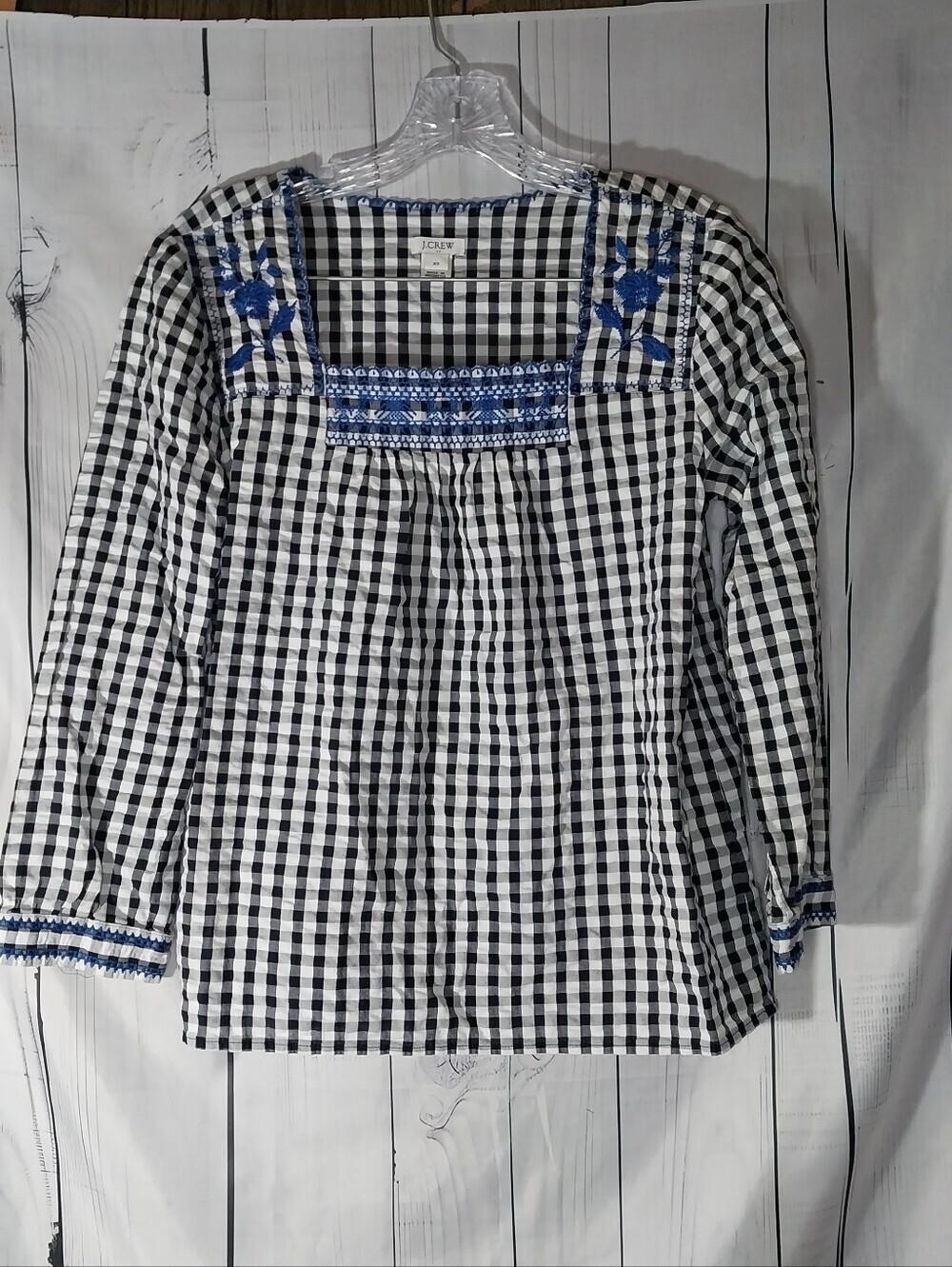 J.Crew Factory Long Sleeve Embroidered Preppy Chic Gingham Relaxed Peasant Top